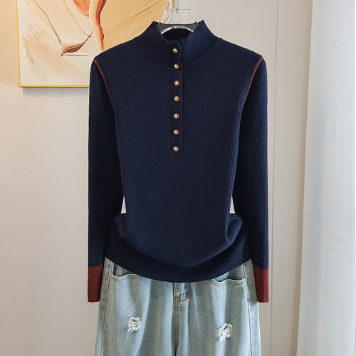 高弹力显瘦半高领打底针织上衣女