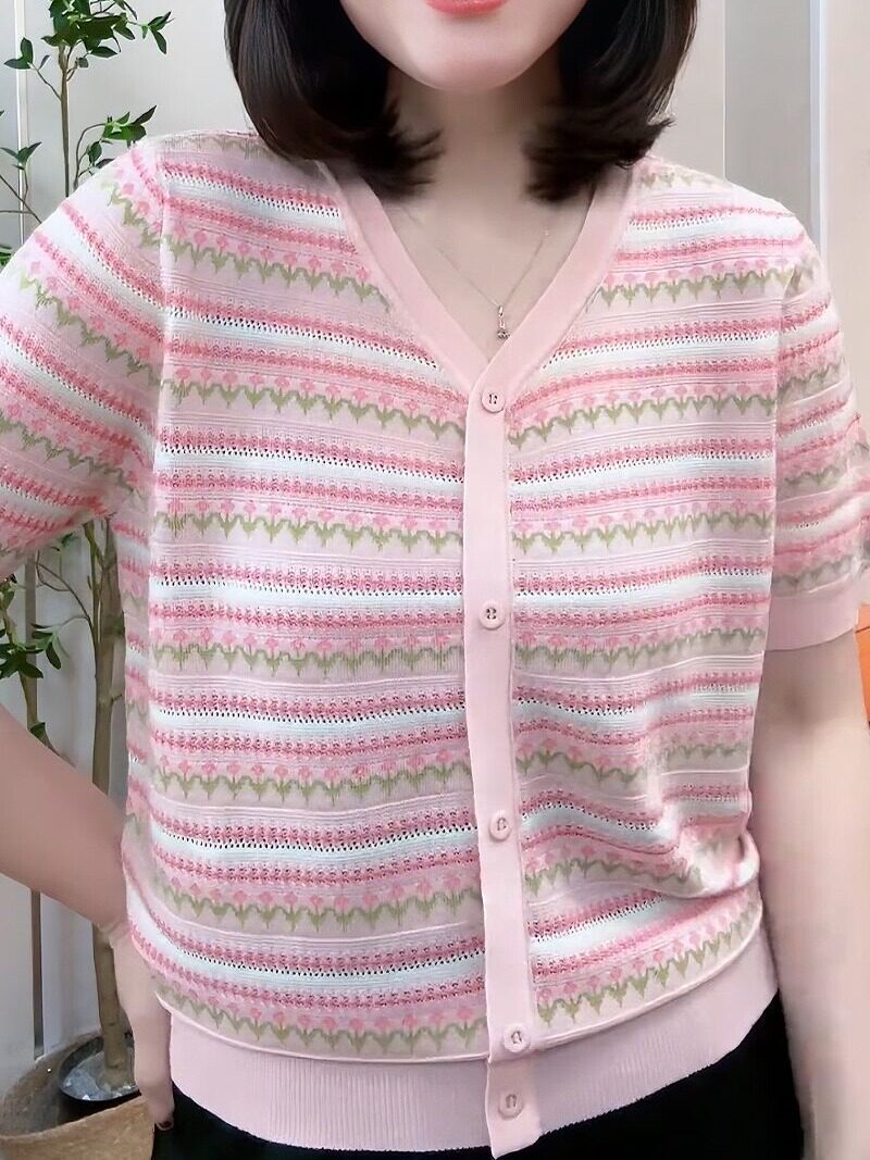 200 파운드는 풀오버 가짜 카디건 여성용 반팔 티셔츠를 입을 수 있습니다. 대형 느슨한 슬리밍 패션 꽃 무늬 얼음 실크 탑