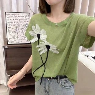 时尚 200斤 T恤女夏新款 立体花朵上衣 圆领冰丝短袖 宽松显瘦