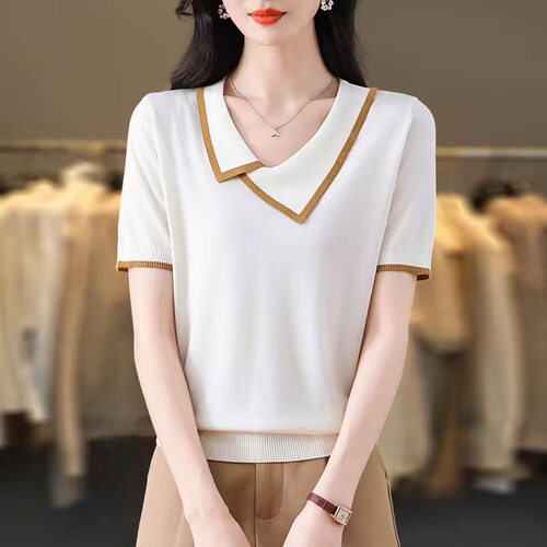 洋气翻领冰丝短袖T恤女夏季