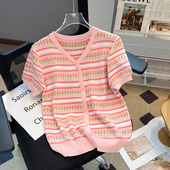 新款 大码 女2024夏季 针织衫 设计感小众毛衣上衣潮t 欧货V领条纹短袖