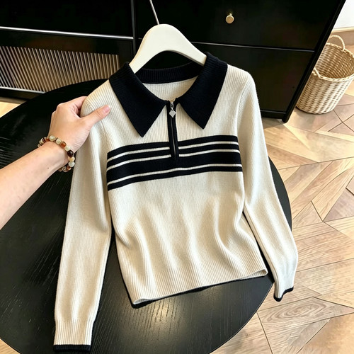 拼色条纹POLO领半拉链针织上衣女