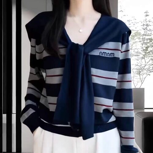 2025秋冬季条纹长袖披肩毛衣女