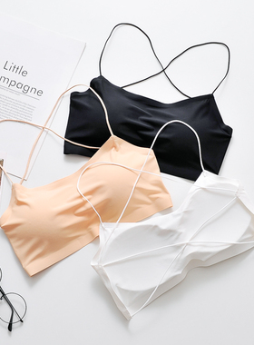 美背交叉带吊带背心女露背抹胸内衣打底内搭冰丝带胸垫防走光裹胸