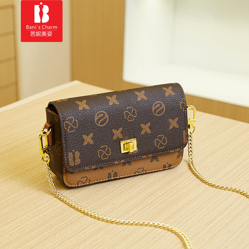芭妮美姿女包斜挎手机包老花锁扣名媛小方包精致单肩链条迷你小包