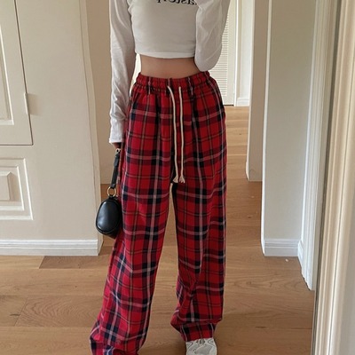 2025年春夏新款韩版红格子裤女直筒裤阔腿裤女休闲显瘦防晒裤子潮