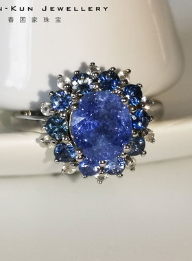 天然无烧矢车菊蓝宝石戴妃戒指环
