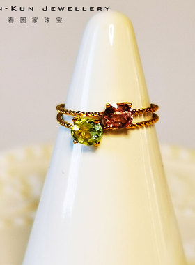 碧玺绿色蓝色细巧麻花戒指环叠带