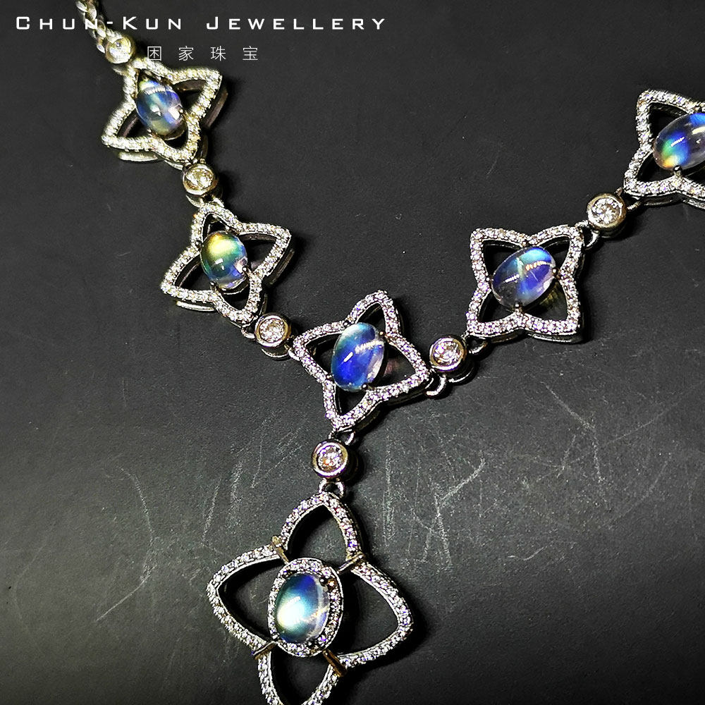 Spring Difficulty Home Jewelry Sterling Silver Inlaid 75 Ellipse natural Rainbow Moonstone Clover clavicle Necklacein the Accessories/Fashion Jewelry, Pendant/Pendant  category - from Buy2taobao.com to provide professional Taobao agent buy service