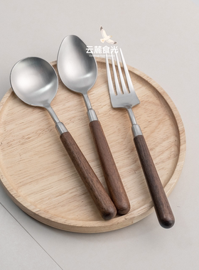 日式实木胡桃木手柄304不锈钢勺干饭勺大勺子拉面拌饭勺吃饭木勺