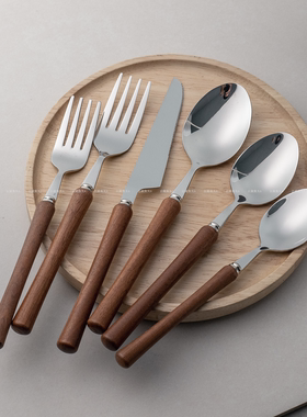 复古花梨木餐具实心木柄小蛮腰勺304不锈钢刀叉勺轻奢家居甜品勺