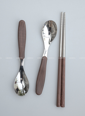 ins风简约百搭仿木纹316不锈钢勺子筷子儿童饭勺甜品蛋糕叉子家用