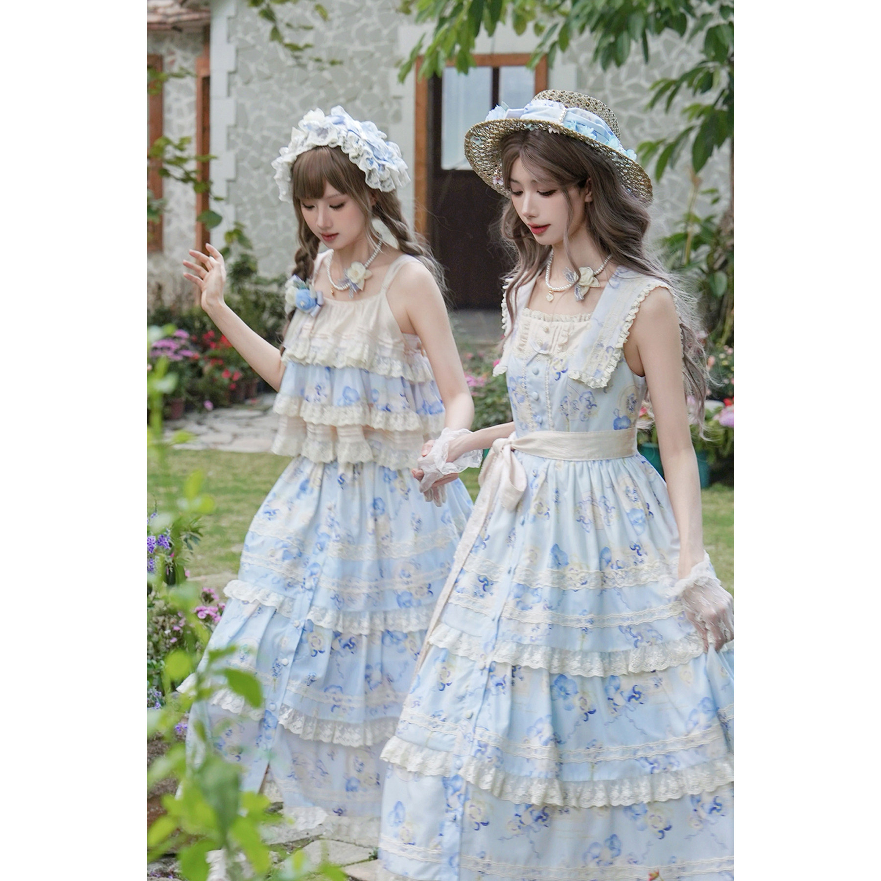 【现货】*角堇花笺*原创春秋碎花蓝色优雅洛丽塔