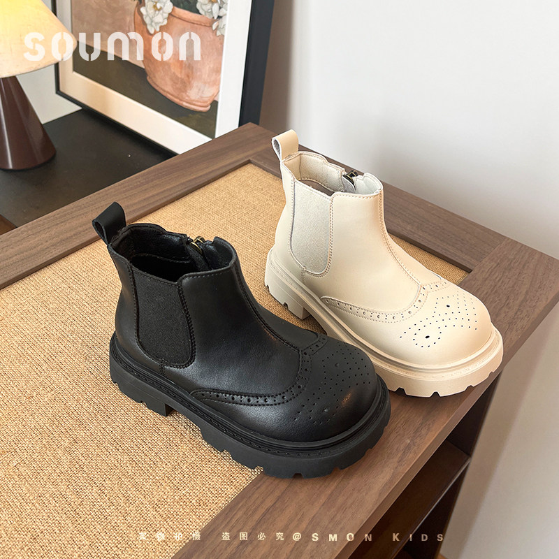 儿童马丁靴女童靴子中大童切尔西靴秋季厚底单靴冬季加棉黑色皮靴