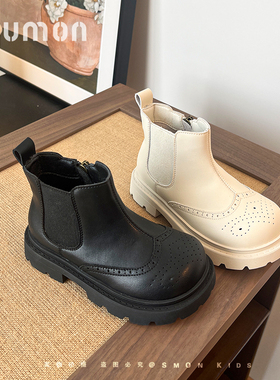 儿童马丁靴女童靴子中大童切尔西靴秋季厚底单靴冬季加棉黑色皮靴