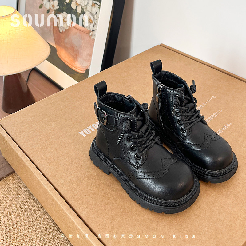 书萌儿童靴子2026新款秋冬女童马丁靴男童英伦风皮靴小童单靴软底