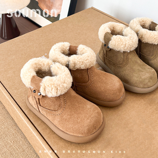 书萌儿童真皮短靴外穿保暖男童靴子女童加厚棉靴中大童雪地靴冬靴