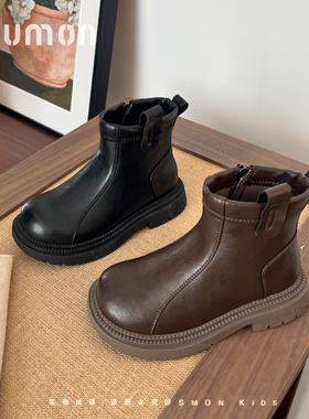 儿童马丁靴秋季短靴2025新款女款英伦风皮靴中大童黑色单靴男童靴