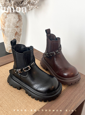 书萌儿童皮靴2025新款秋冬二棉靴小女孩切尔西靴烟管靴女童马丁靴