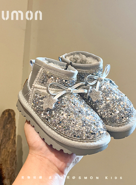 书萌女童雪地靴子2025新款冬季加绒保暖棉鞋女宝宝软底烫钻公主靴