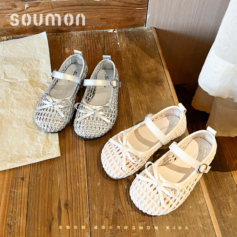 书萌法式镂空编织皮鞋2026春秋新款女童蝴蝶结一字扣平底单鞋透气