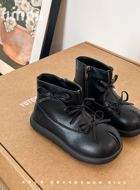 书萌儿童黑色皮靴女童公主靴蝴蝶结短靴女小童冬靴加绒保暖二棉靴