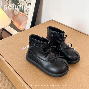 书萌儿童黑色皮靴女童公主靴蝴蝶结短靴女小童冬靴加绒保暖二棉靴