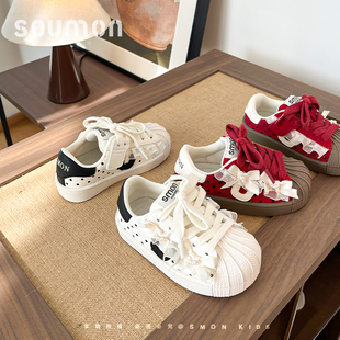 儿童贝壳头板鞋厚底小白鞋女童运动鞋蕾丝珍珠蝴蝶结女小童阿甘鞋