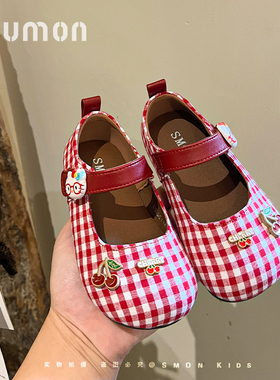SMON书萌儿童格子玛丽珍鞋春季新款勃肯鞋女童舒适女宝宝红色单鞋
