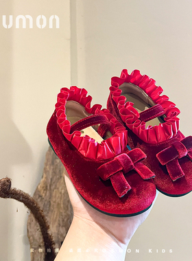 书萌儿童皮鞋2026春秋新款女童红色绒面蝴蝶结休闲公主鞋软底单鞋