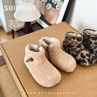 书萌女童二棉鞋2026新款冬季加绒保暖女孩外穿毛毛鞋儿童靴子软底