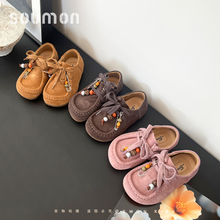 儿童皮鞋女款2026新款小女孩英伦风豆豆鞋软底单鞋女童复古勃肯鞋
