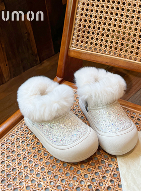 书萌女童毛绒雪地靴2026冬季新款防滑加绒保暖软底棉鞋水晶公主鞋