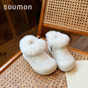 书萌女童毛绒雪地靴2026冬季新款防滑加绒保暖软底棉鞋水晶公主鞋