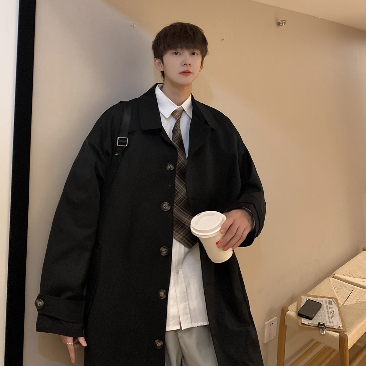 2025秋装新款港风纯色中长款夹克潮男风衣外套M521/P98118,男装夹克,电商A146