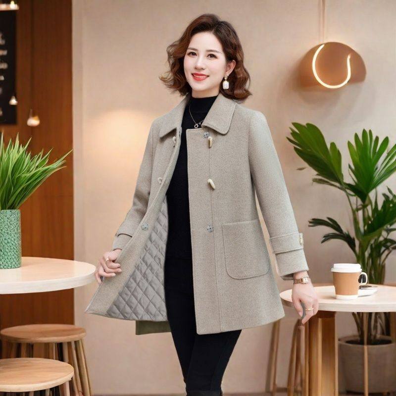 高端双面绒大衣女妈妈装秋冬牛角扣显瘦中老年中长款加厚毛呢外套