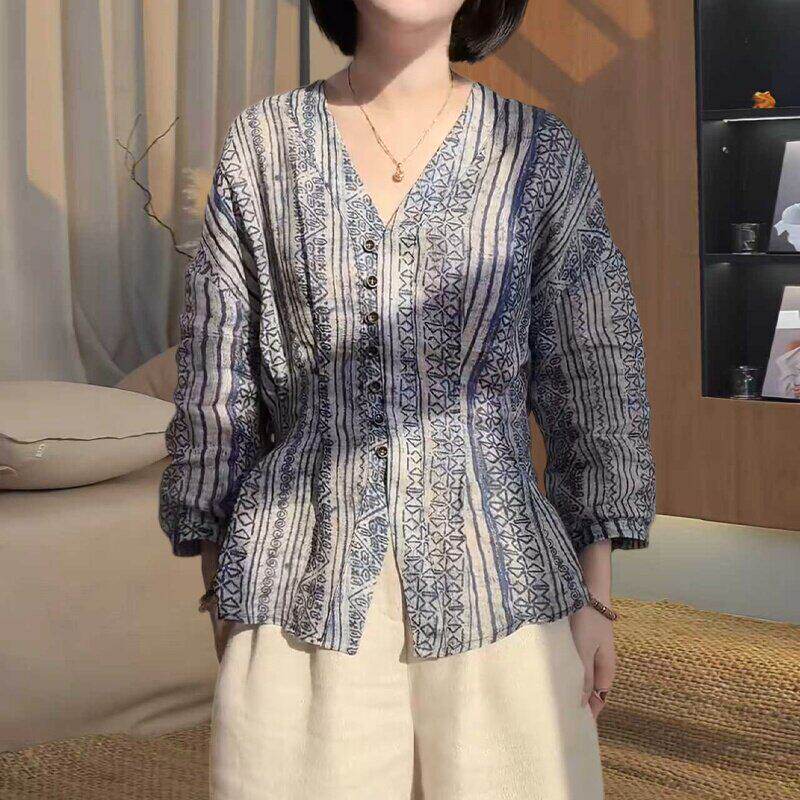 夏季新款民族风印花V领衬衫女