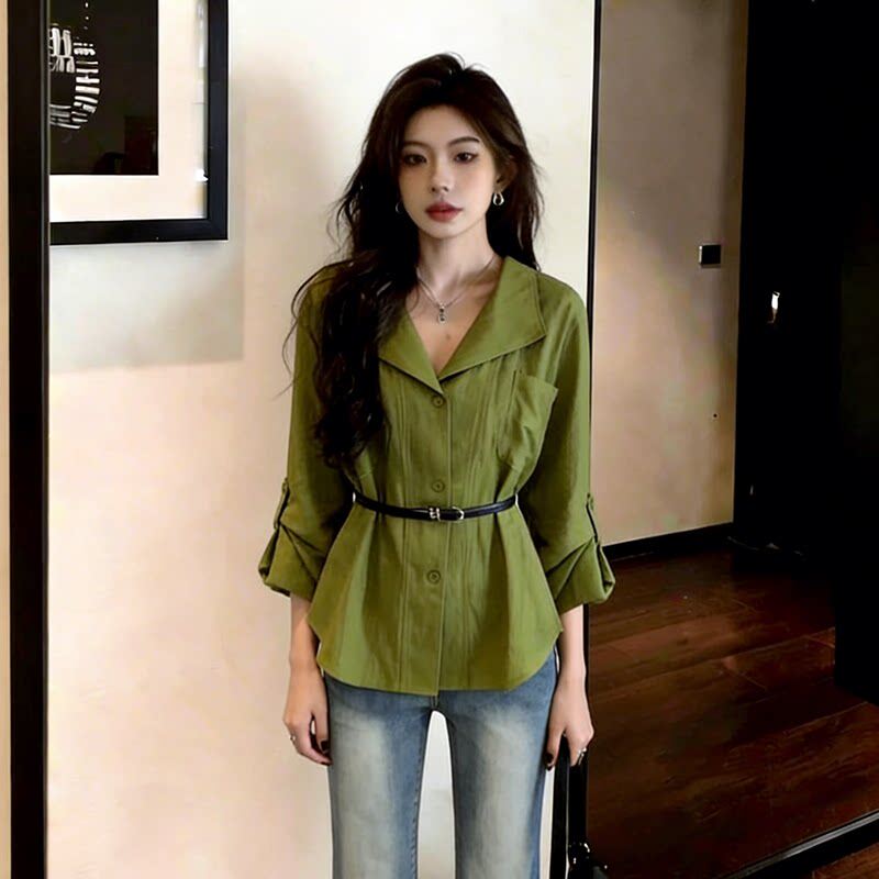 春季大码女V领收腰显瘦长袖衬衫