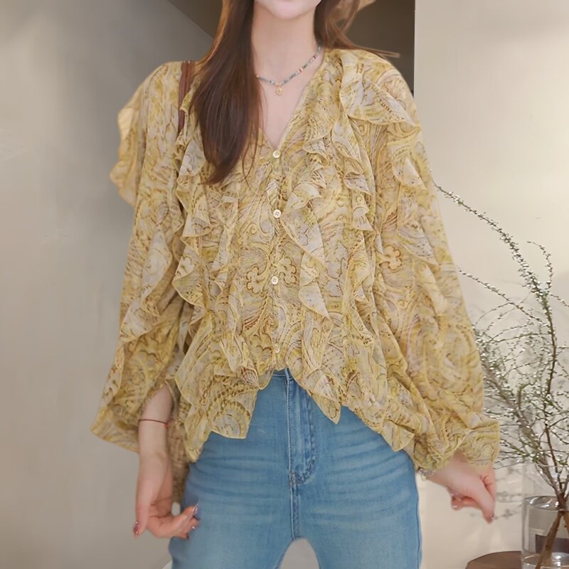 法式荷叶边遮肉显瘦大码女衬衫