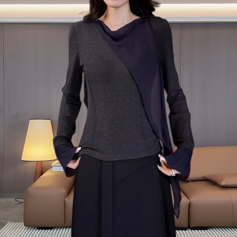 大码女装时尚高级感长袖拼接网纱上衣早秋穿搭修身显瘦打底T恤图片