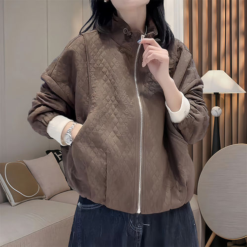 时尚菱格棉服女秋冬季新款显瘦