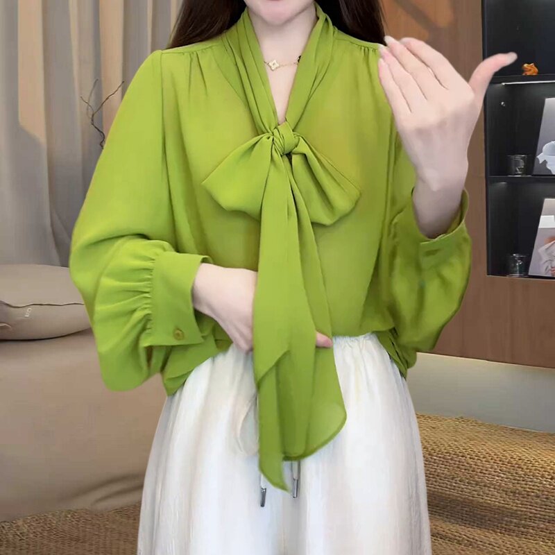 大码女蝴蝶结长袖显瘦薄款衬衫
