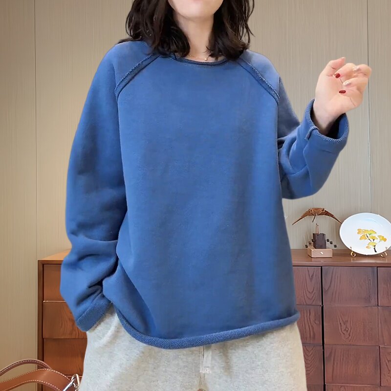 韩版大码时尚舒适感宽松纯色卫衣新款休闲显瘦秋季穿搭长袖上衣女