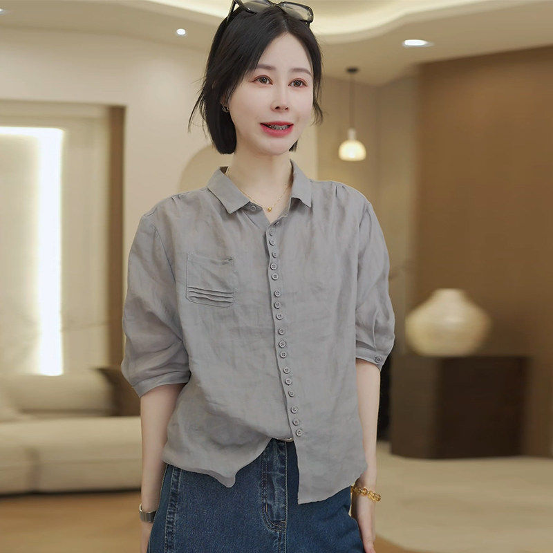 通勤大码宽松不闷汗中袖衬衫女