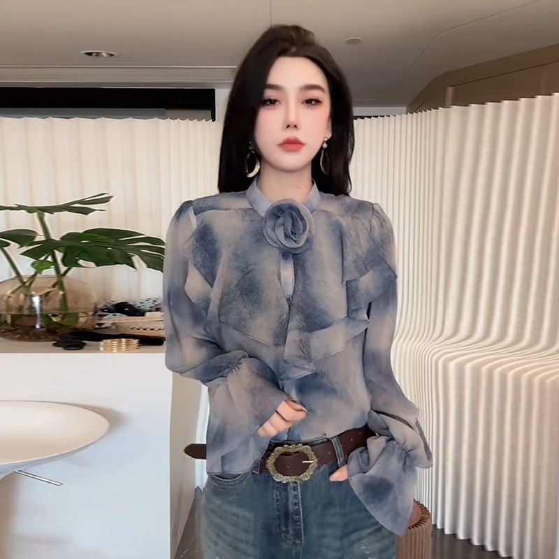 立体花朵设计长袖衬衫女