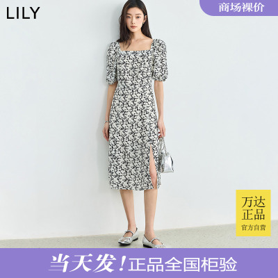 LILY2024夏新款女装浪漫气质印花法式复古方领通勤长款高腰连衣裙