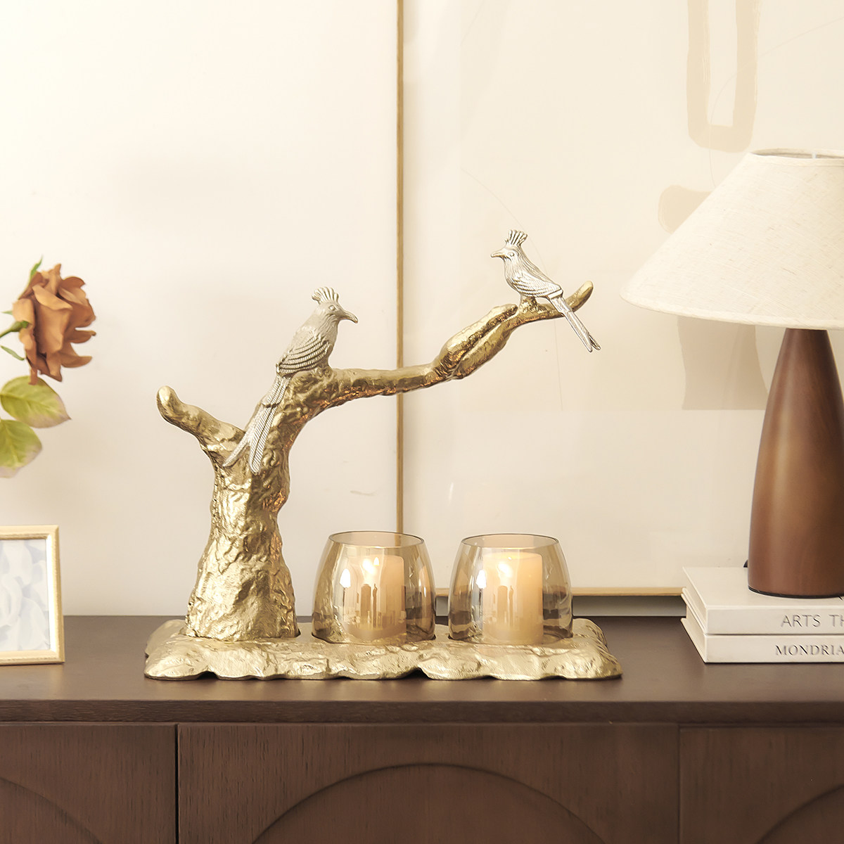 迪斯凯 印度进口欧式轻奢小鸟枝头树下烛杯装饰摆件 客厅装饰品
