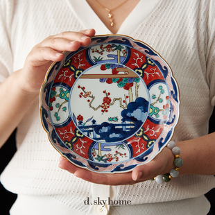 日本进口 有田烧伊万里手绘松竹梅盘子 日式宫廷风古典菜盘圆盘