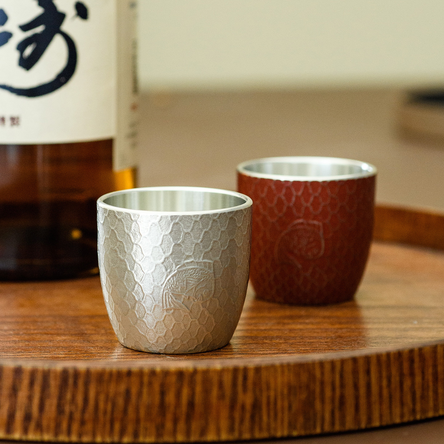 日本进口大阪浪华锡器茶杯 鲷网纯锡制对杯套装 高档茶盏功夫茶具