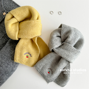 软糯纯色刺绣小樱桃毛线围巾柔软保暖温柔围脖学生韩国秋冬季女